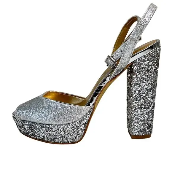 Badgley Mischka 7.5 Zale Open Toe Platform Block Heel Glitter Adjustable Buckle - Picture 1 of 9